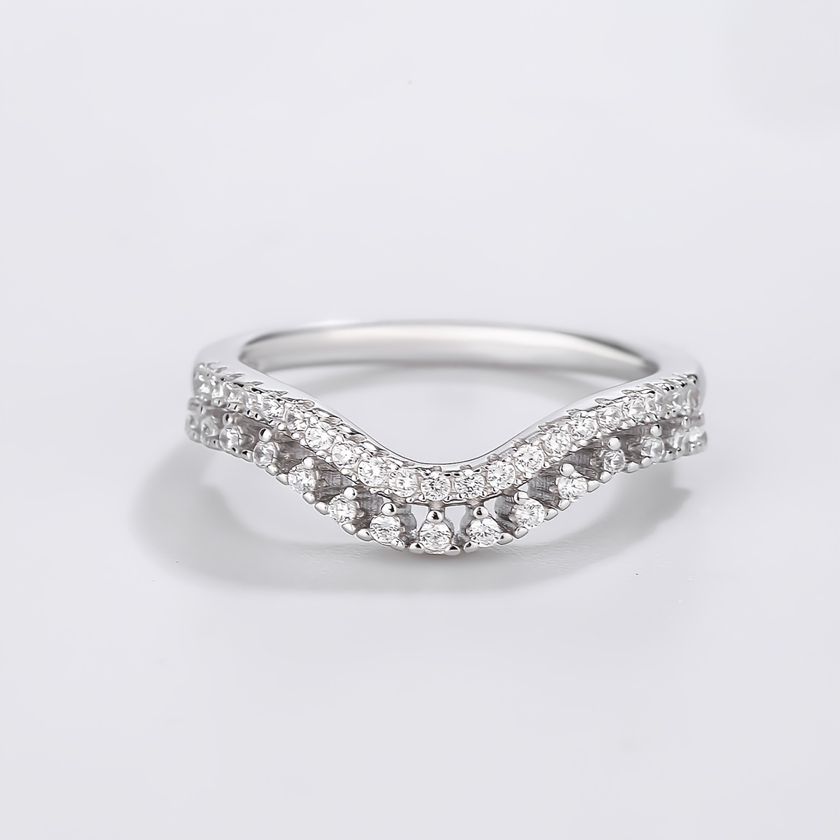 Silver Crown Ring Double Row CZ Band